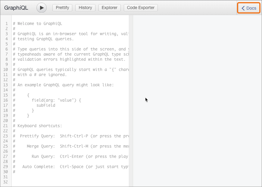 Clicking GraphiQL Docs link to open Documentation Explorer