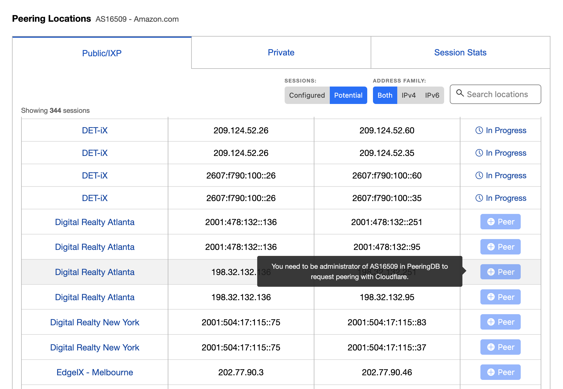 Non-admin view of peering locations list