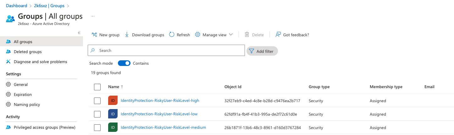 Risky user groups in the Azure AD dashboard